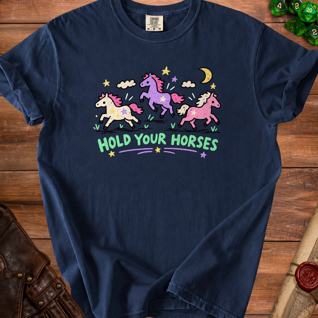 Navy t-shirt with three colorful horses and "Hold Your Horses" text.