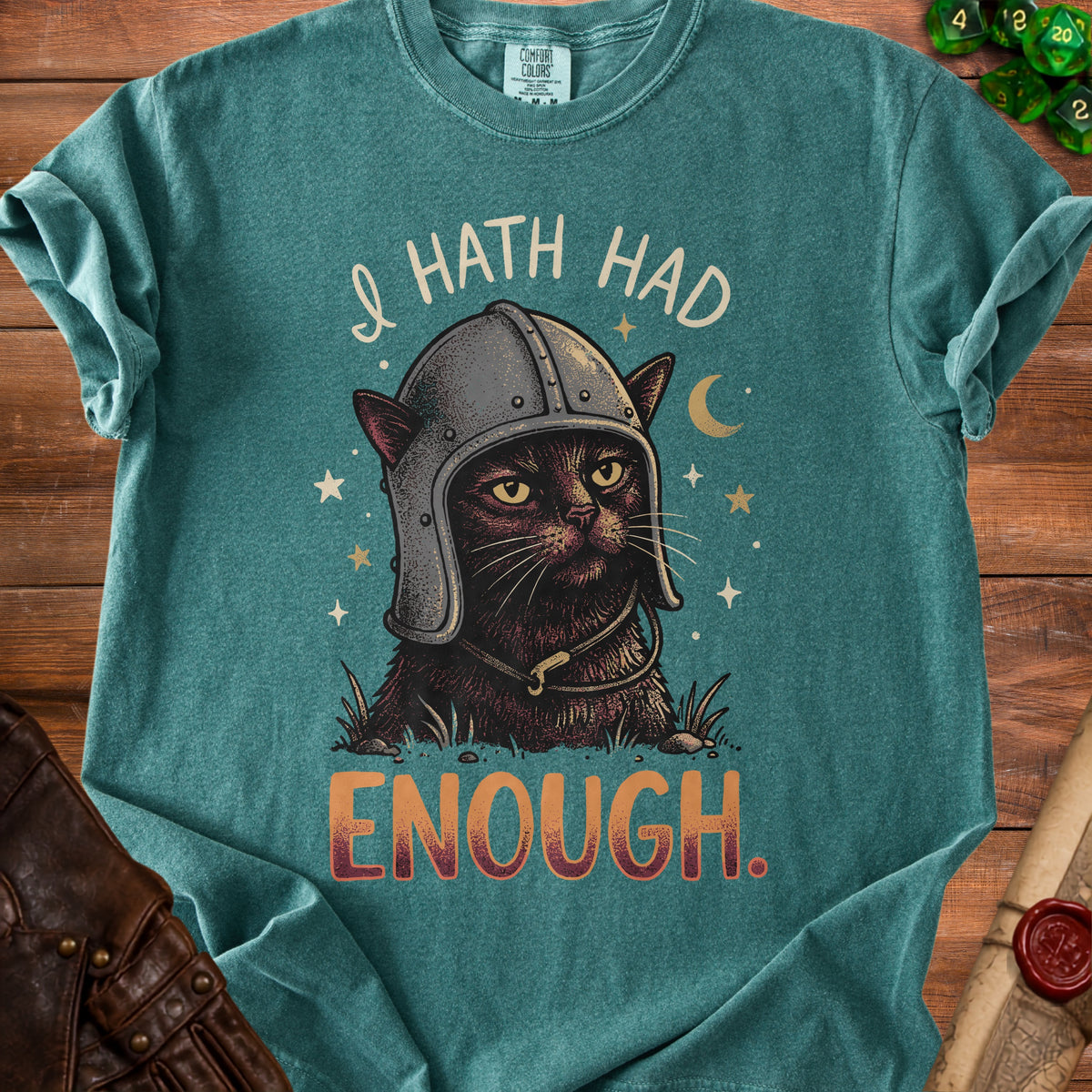 Black cat in knight's helmet with text "I HATH HAD ENOUGH."
