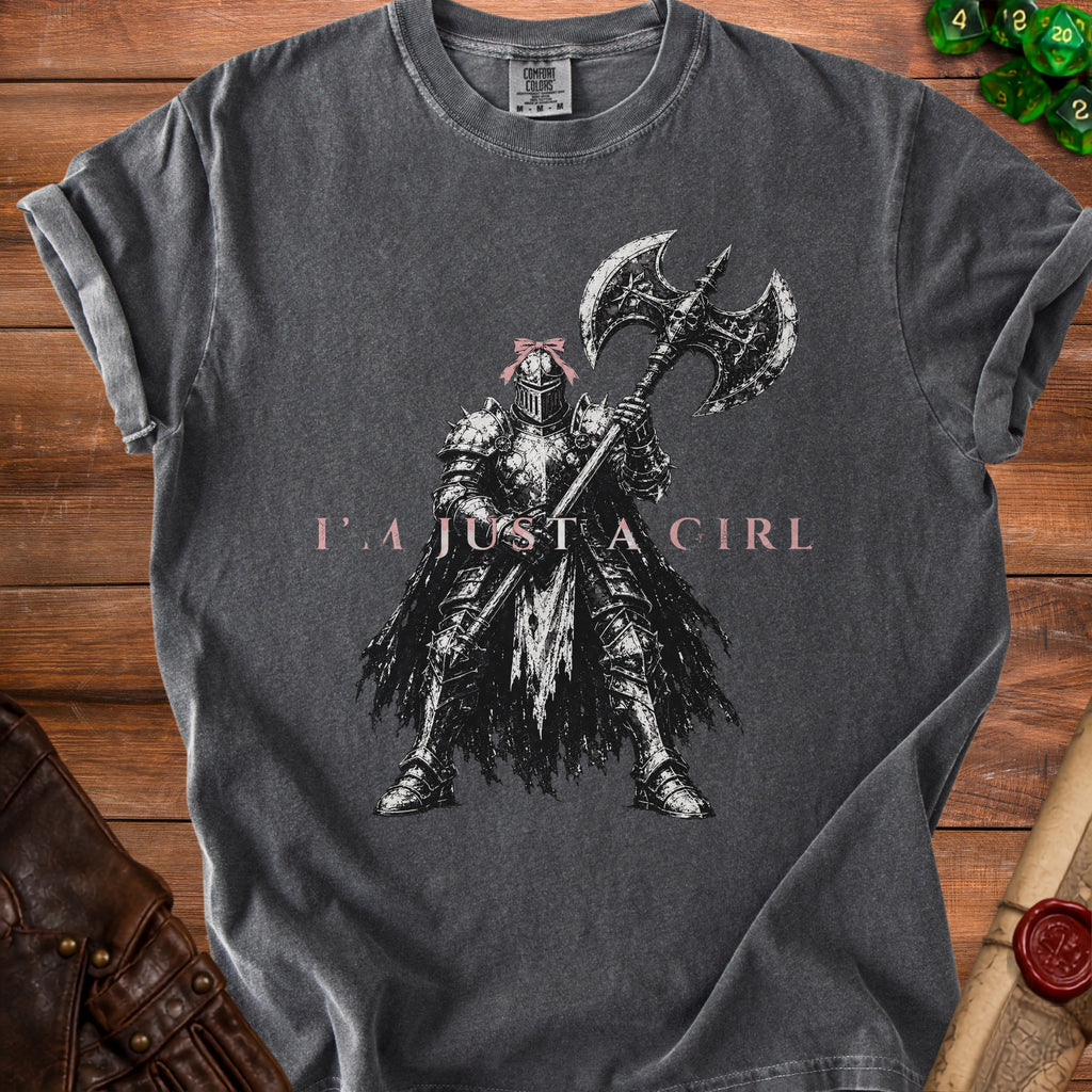 T-shirt with armored warrior holding an axe and text "I'm just a girl".