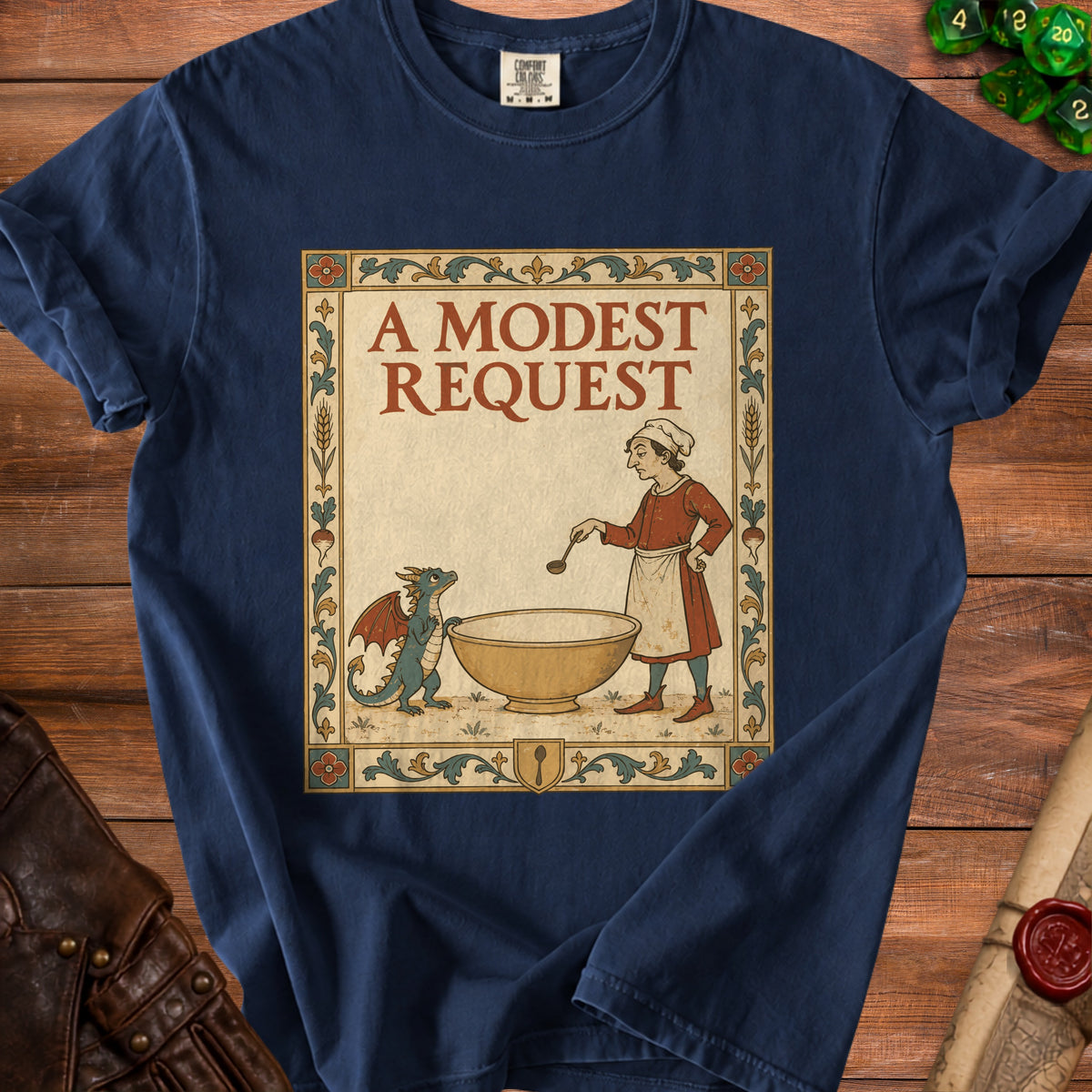T-shirt featuring a medieval illustration of a baker and a dragon.