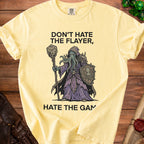 Yellow t-shirt with "Don't Hate The Flayer, Hate The Game" and Cthulhu illustration.