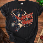 Witch on broomstick with text Spellcastin & Hellraisin.