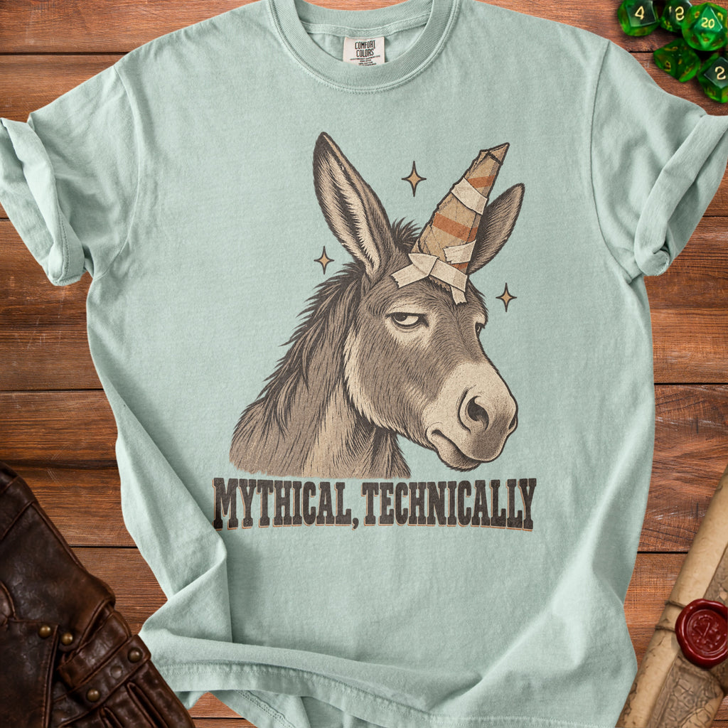 Donkey with a unicorn horn and text "MYTHICAL, TECHNICALLY" on a t-shirt.