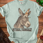 Donkey with a unicorn horn and text "MYTHICAL, TECHNICALLY" on a t-shirt.