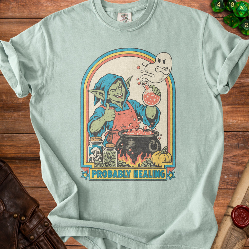 Green goblin with thumbs up stirs potion next to cauldron, text reads "PROBABLY HEALING".