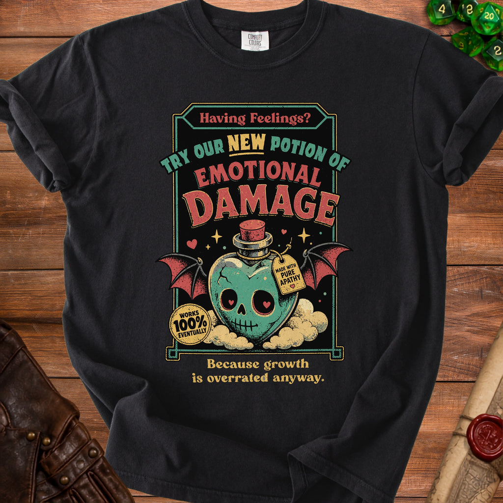 Black t-shirt graphic featuring a heart-shaped skull potion bottle with wings and text.