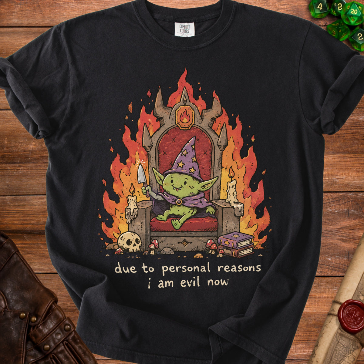 Goblin on throne surrounded by fire with text: "due to personal reasons i am evil now".