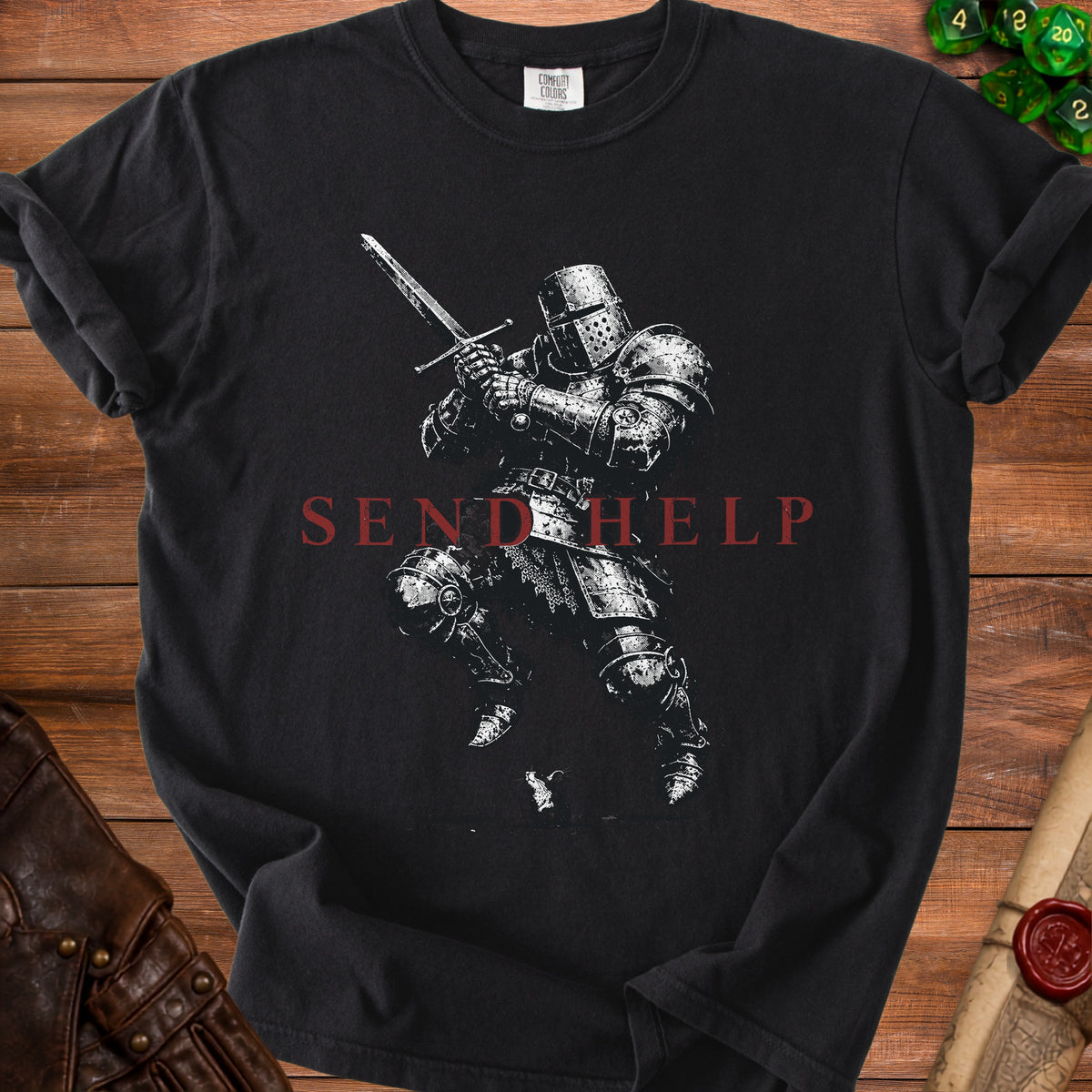 Black t-shirt with a white knight illustration and "SEND HELP" text.