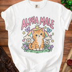 White t-shirt with a cartoon tabby cat wearing a crown and rainbow.