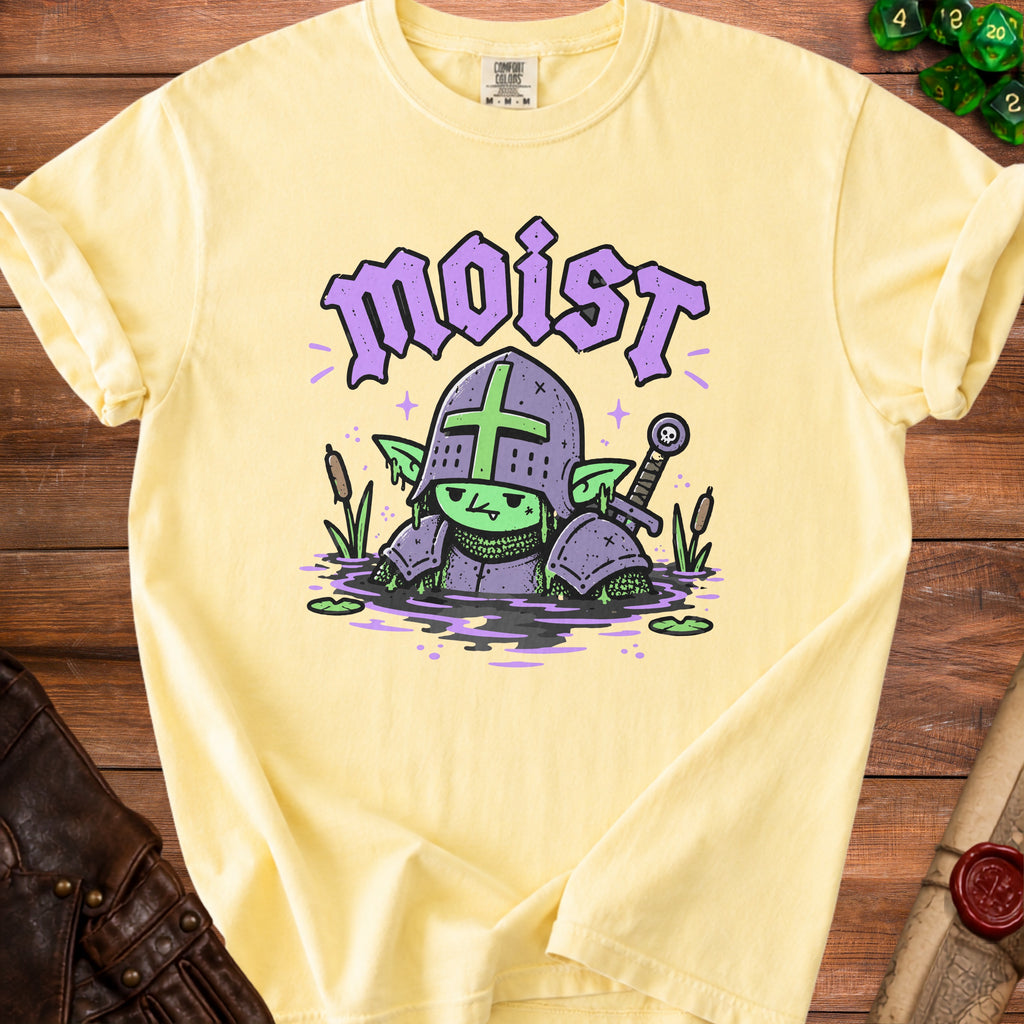 Yellow t-shirt with a cartoon goblin knight graphic and the word "moist"