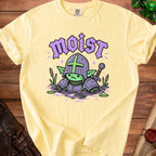 Yellow t-shirt with a cartoon goblin knight graphic and the word "moist"