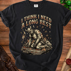 Knight kneeling with arrows, next to a skull, text reads "I THINK I NEED A LONG REST".