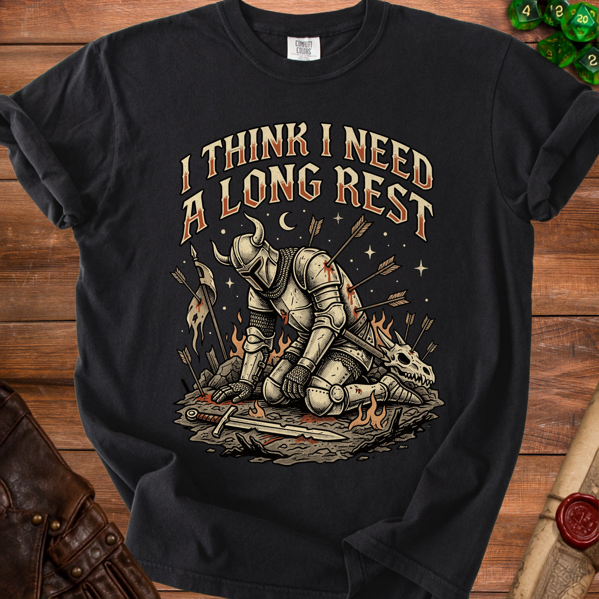 Knight kneeling with arrows, next to a skull, text reads "I THINK I NEED A LONG REST".