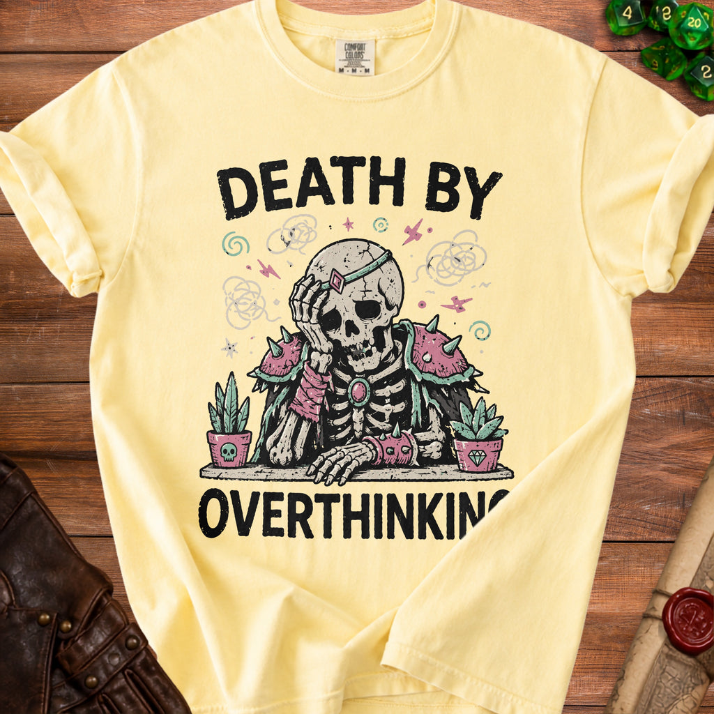 Yellow t-shirt with skeleton graphic and "Death By Overthinking" text.