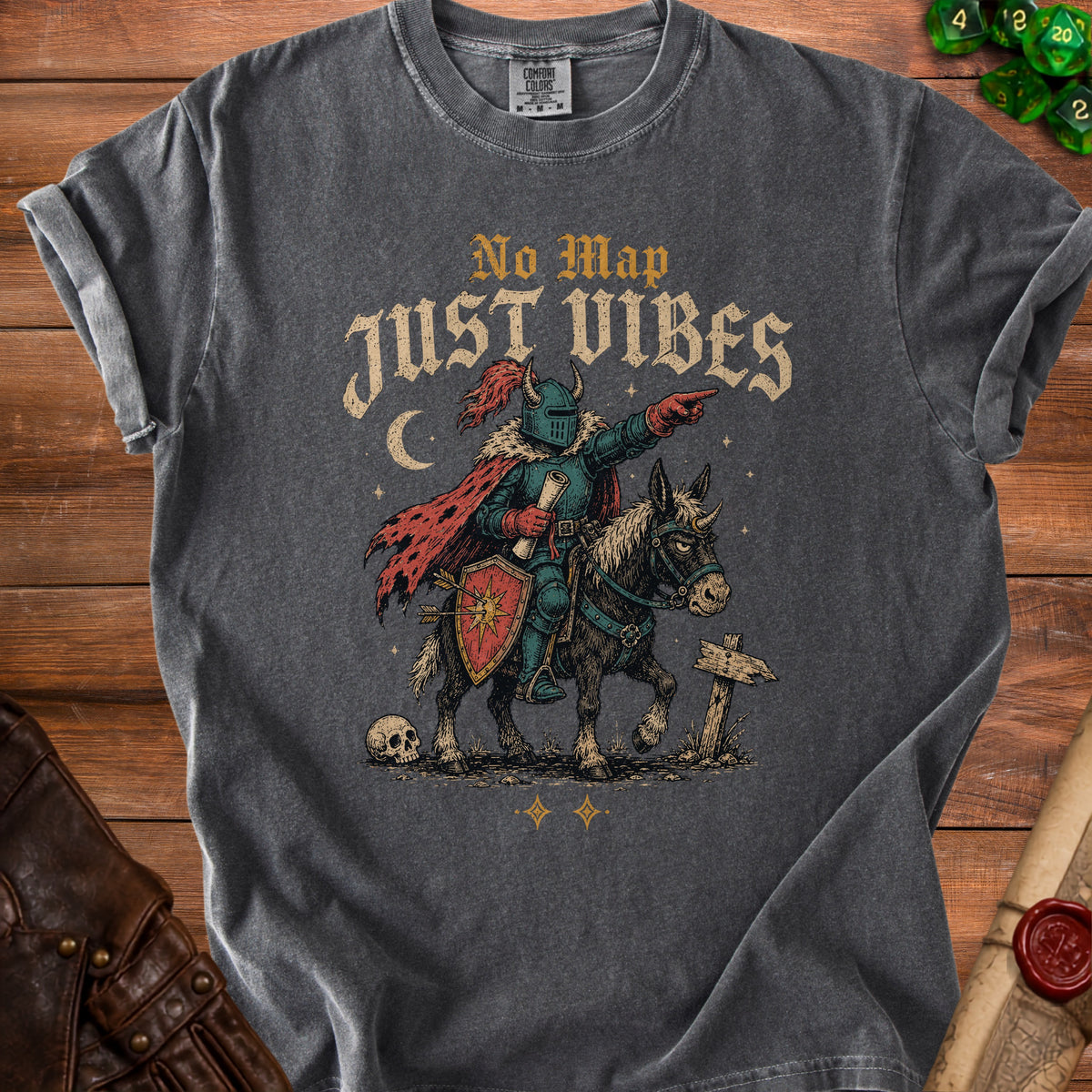 T-shirt with knight on horse and text "No Map JUST VIBES".
