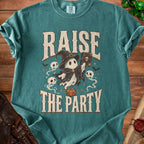 Teal t-shirt with a ghost holding a book, text "RAISE THE PARTY".