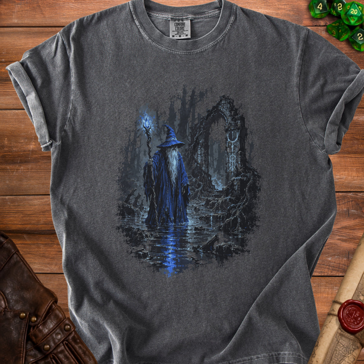 Dark grey t-shirt with a print of a wizard in a blue robe and hat holding a staff.
