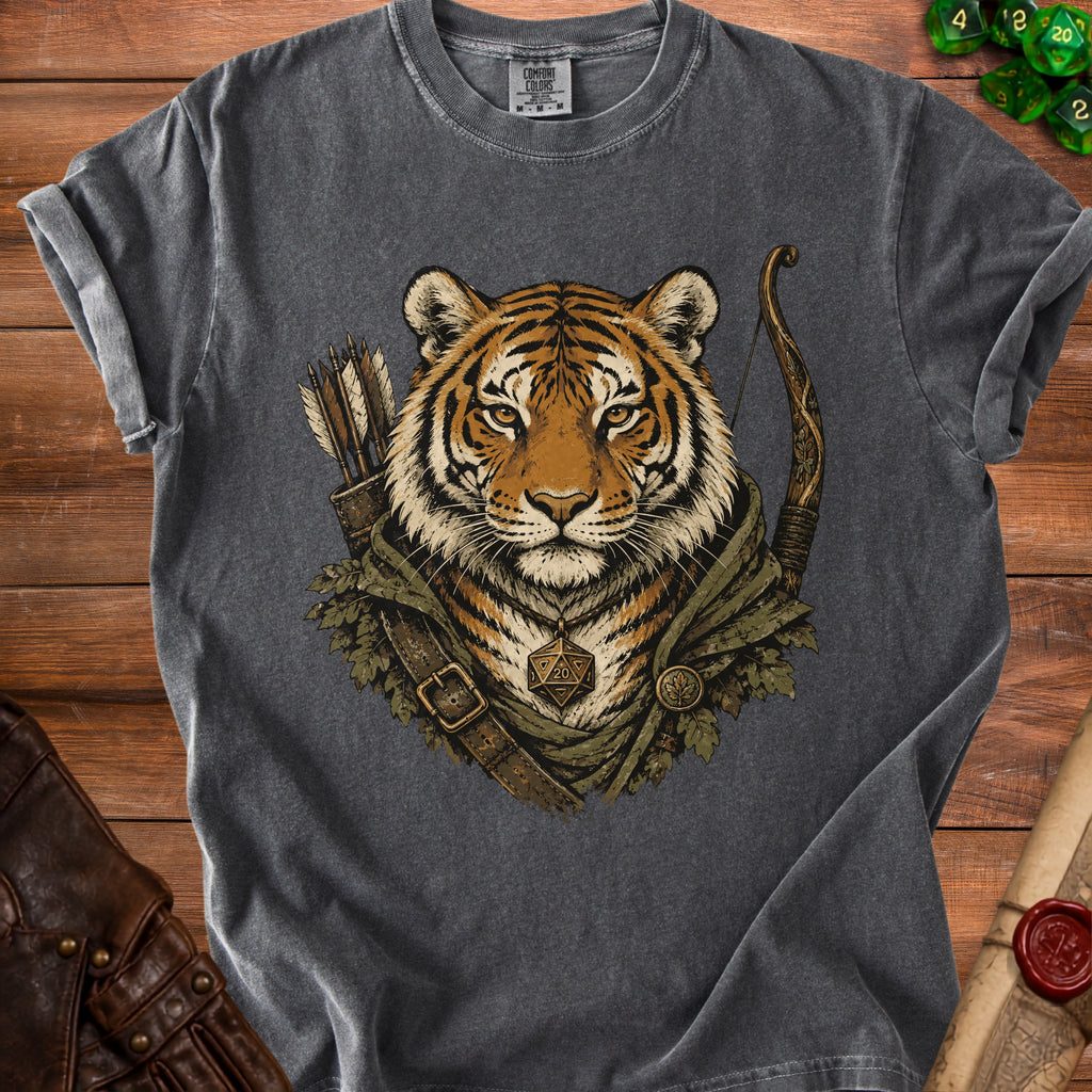 Gray t-shirt featuring a tiger with bow, arrows, and a twenty-sided dice pendant.