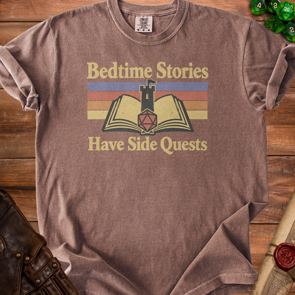 Brown t-shirt with "Bedtime Stories Have Side Quests" graphic and dice.