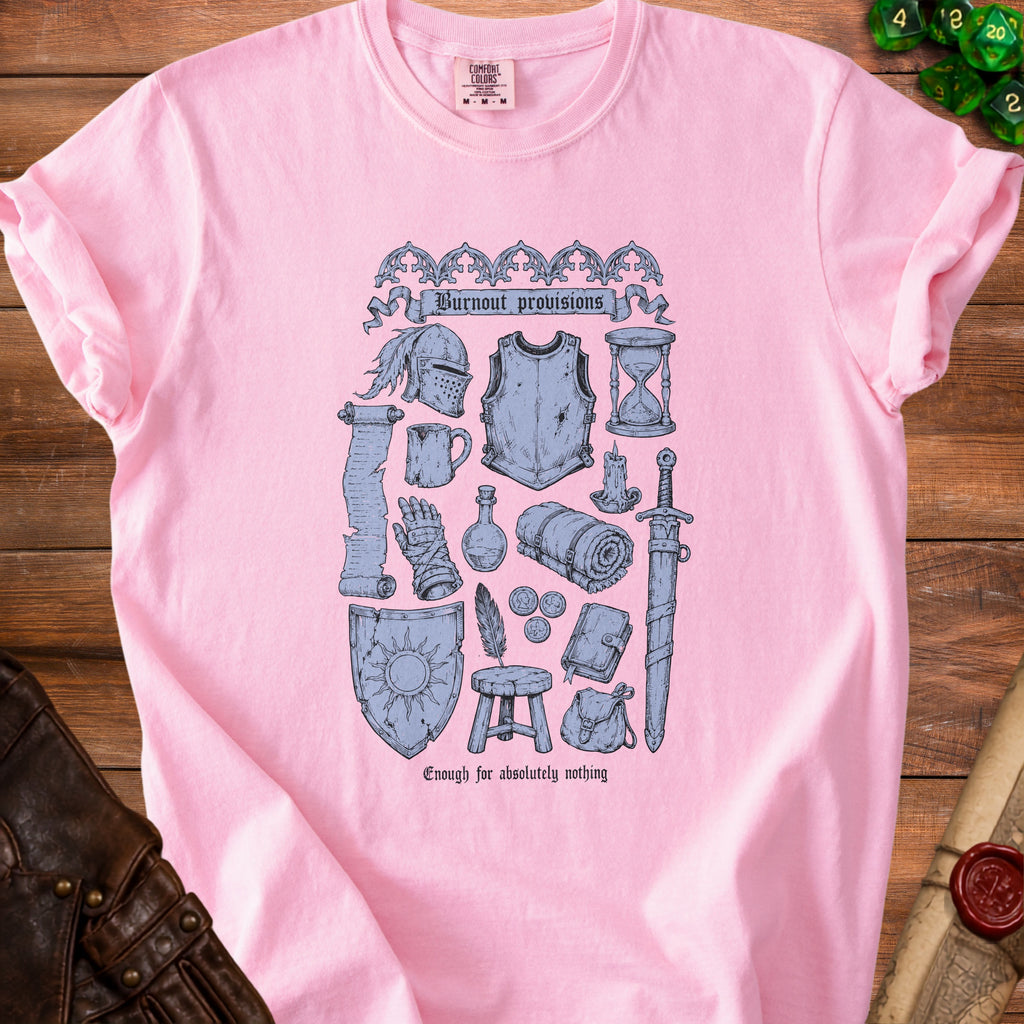 Pink t-shirt with "Burnout provisions" and adventurer gear illustration.
