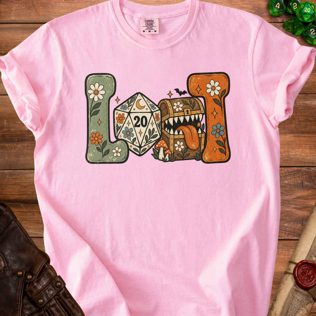 Pink t-shirt with "Loot" graphic featuring a d20 die and treasure chest.