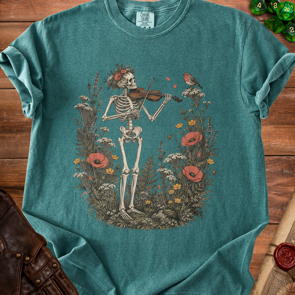 Skeleton playing violin surrounded by flowers, with a bird on a branch.