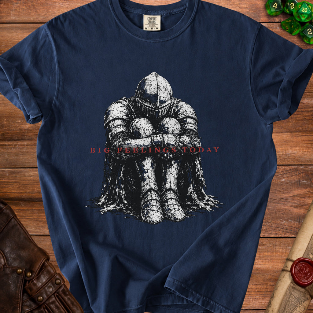 Navy t-shirt with knight illustration and "BIG FEELINGS TODAY" text.