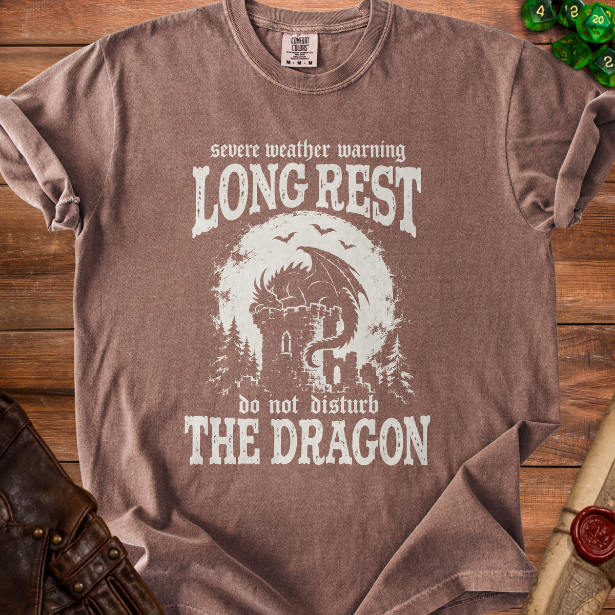 Brown t-shirt with "Long Rest" and "Do Not Disturb The Dragon" text.