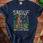 Navy t-shirt with "MILF Man I Love Forests" text and a forest wizard graphic.