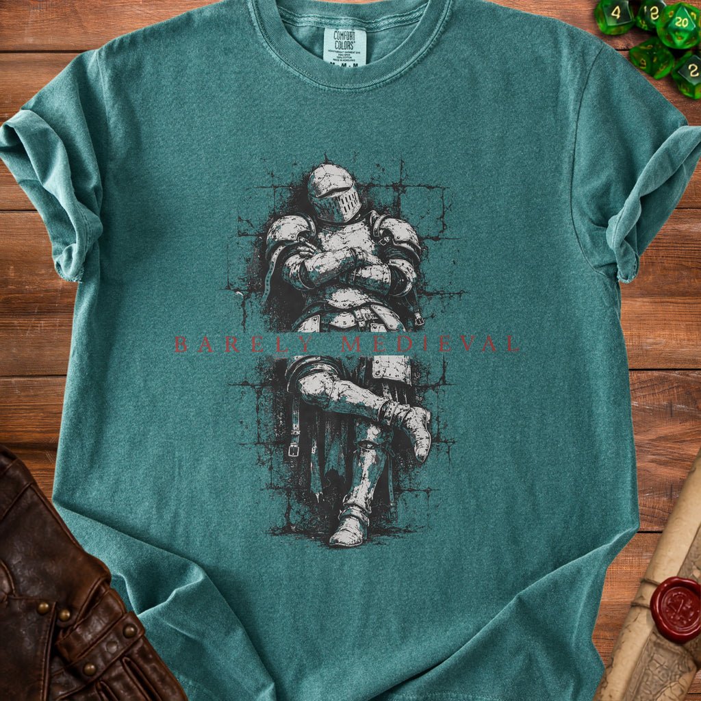 Teal t-shirt with knight graphic and "BARLY MEDIEVAL" text.