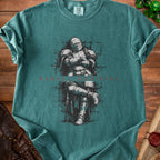Teal t-shirt with knight graphic and "BARLY MEDIEVAL" text.