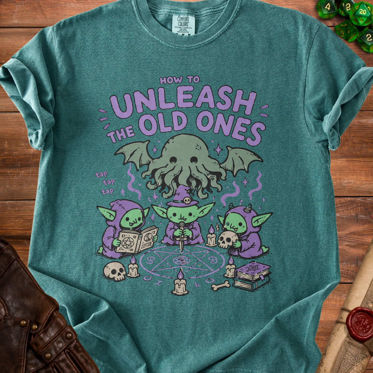 Green t-shirt with "How to Unleash the Old Ones" text and Cthulhu art.