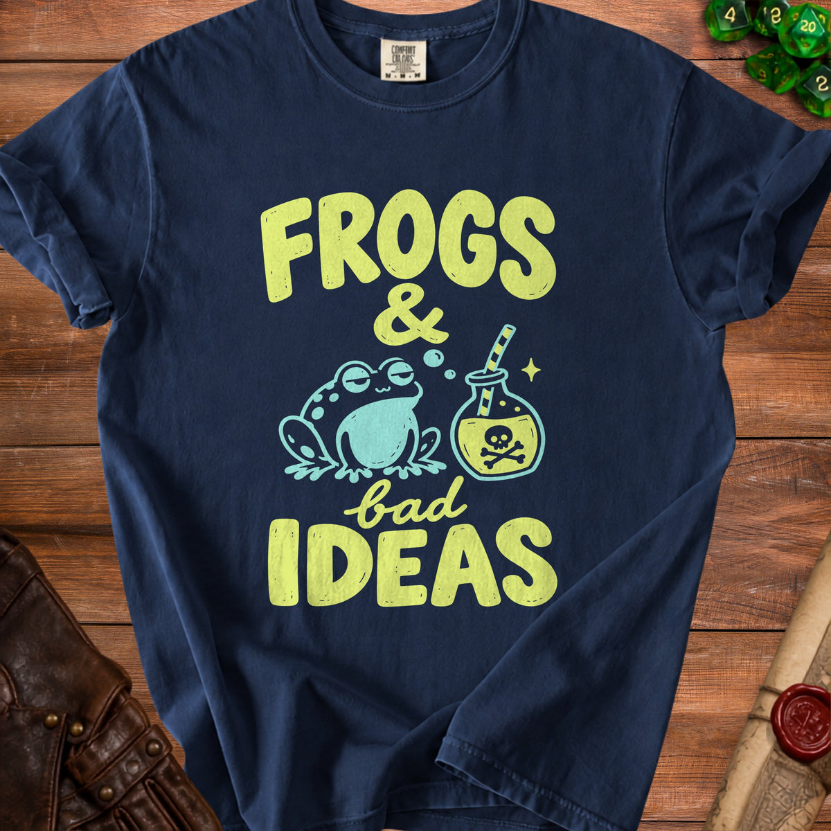 Navy t-shirt with yellow text "Frogs & bad Ideas" and frog graphic.