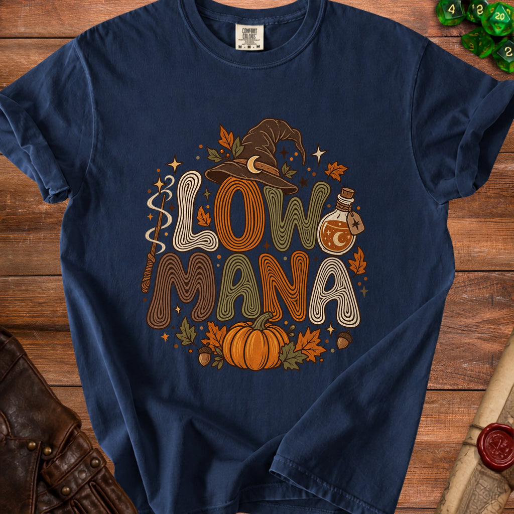 Navy t-shirt with "LOW MANA" text, witch hat, pumpkin, and potion bottle graphic.