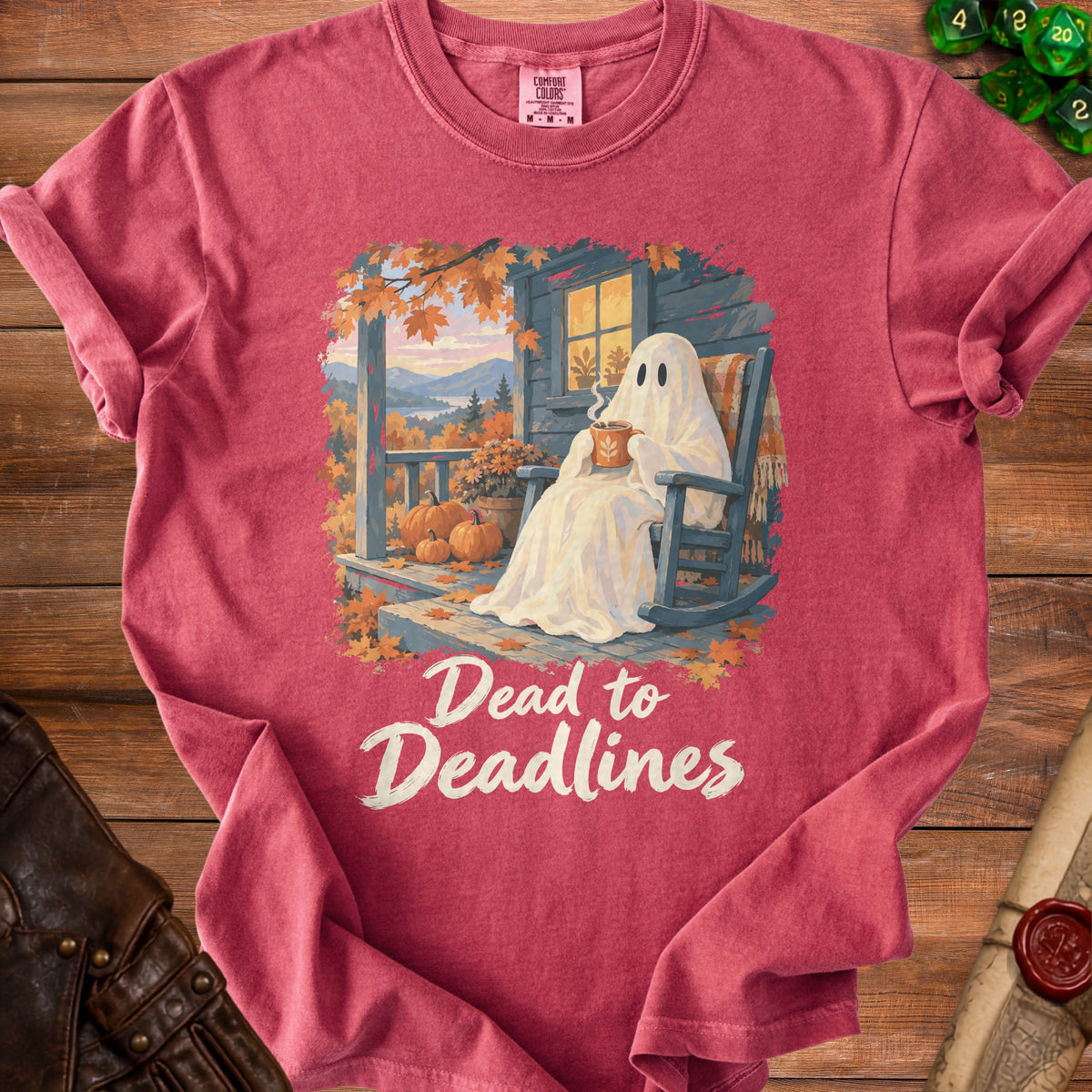 Ghost holding coffee on porch with pumpkins, text reads "Dead to Deadlines".