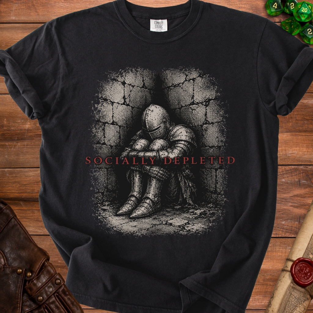 Black t-shirt with knight in armor sitting and text "SOCIALLY DEPLETED".