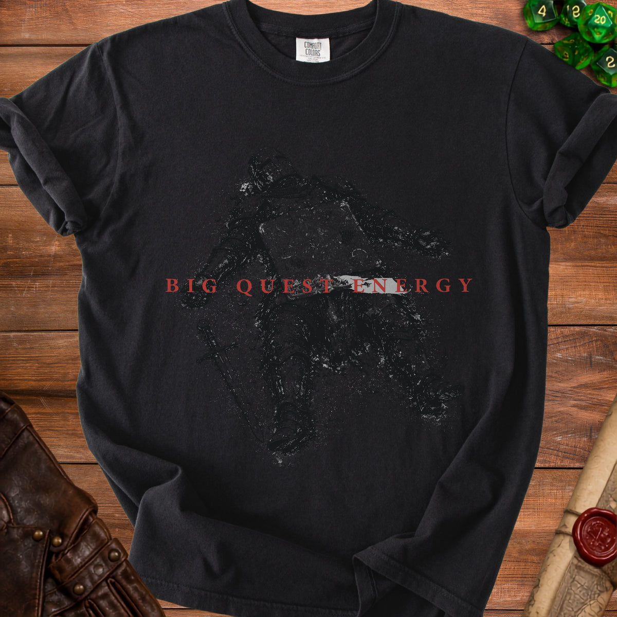 Black Comfort Colors t-shirt with distressed graphic and "BIG QUEST ENERGY" text.