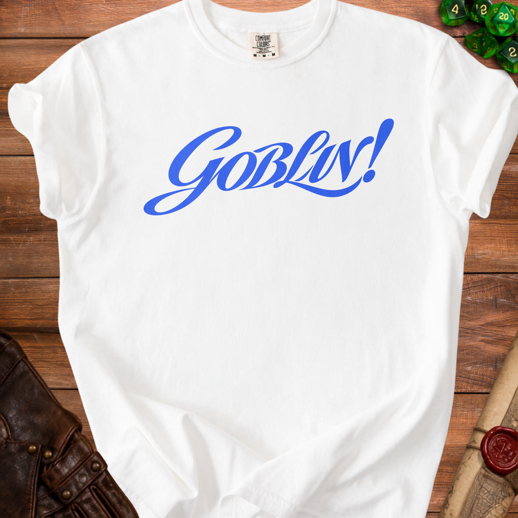 White t-shirt with blue "Goblin!" text on the front.