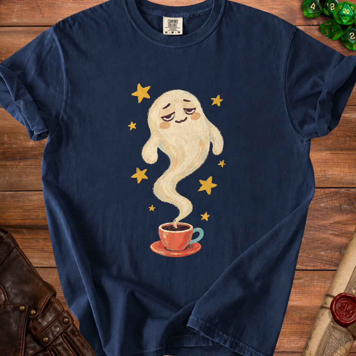 Ghost rising from a coffee cup with stars on a navy t-shirt.