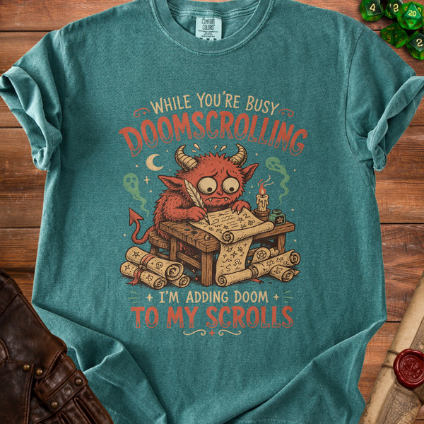 Doomscroll Demon T-Shirt in Blue Spruce