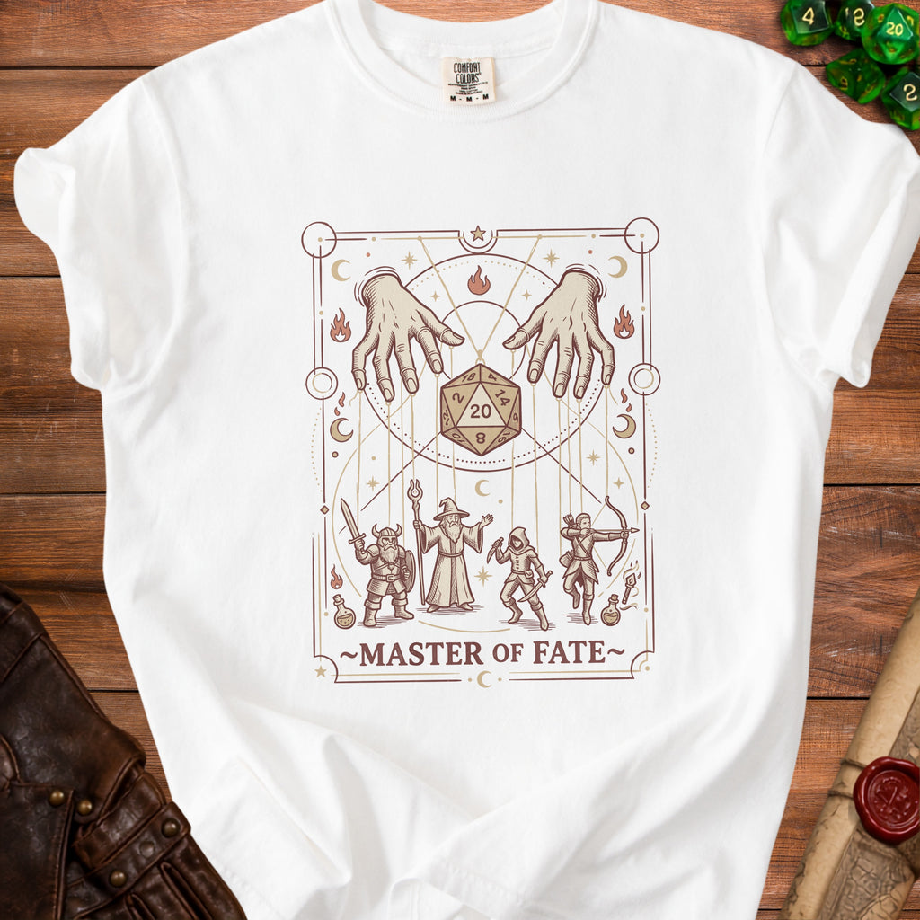 White t-shirt with "Master of Fate" text and fantasy characters around a D20 die.