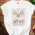 White t-shirt with "Master of Fate" text and fantasy characters around a D20 die.
