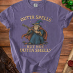 Purple t-shirt with wizard holding shotgun, text "Outta Spells But Not Outta Shells".