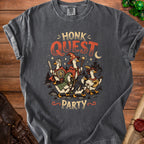 Graphic on a dark grey t-shirt shows geese in fantasy outfits with text "HONK QUEST PARTY".