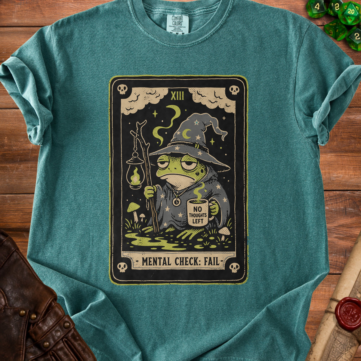 Wizard frog with "No Thoughts Left" mug, "Mental Check: Fail" text.