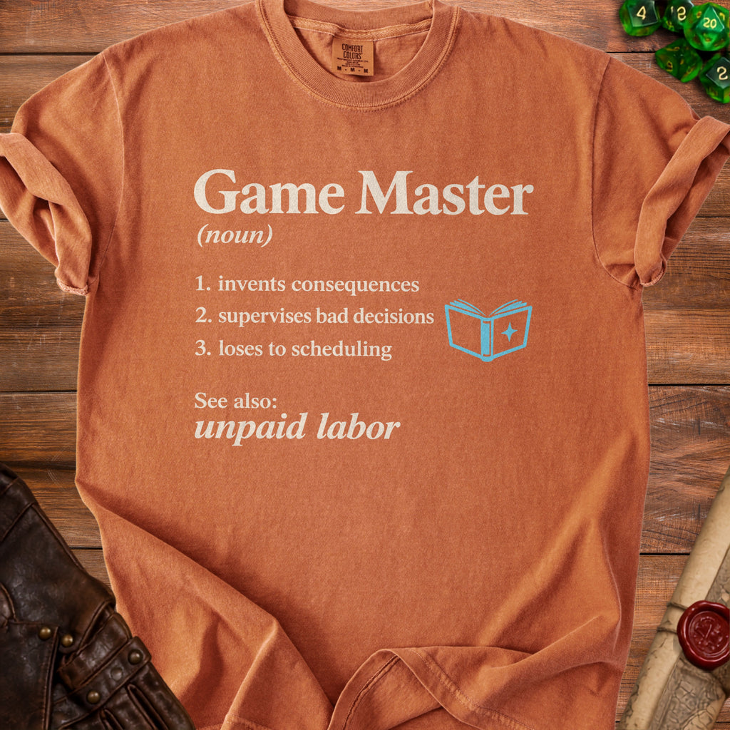 Orange t-shirt with "Game Master" definition and an open book icon.
