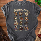 T-shirt featuring cartoon dogs as Dungeons & Dragons characters with class names.