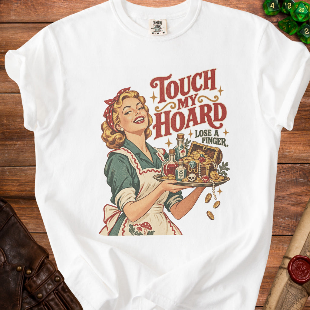 Woman holding a tray with treasure, potions, and a skull. Text reads "Touch My Hoard Lose A Finger."
