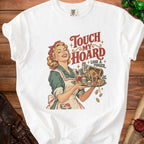 Woman holding a tray with treasure, potions, and a skull. Text reads "Touch My Hoard Lose A Finger."