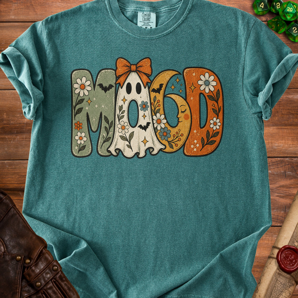 Teal t-shirt with "MOOD" text featuring a ghost, moon, bats, and flowers.